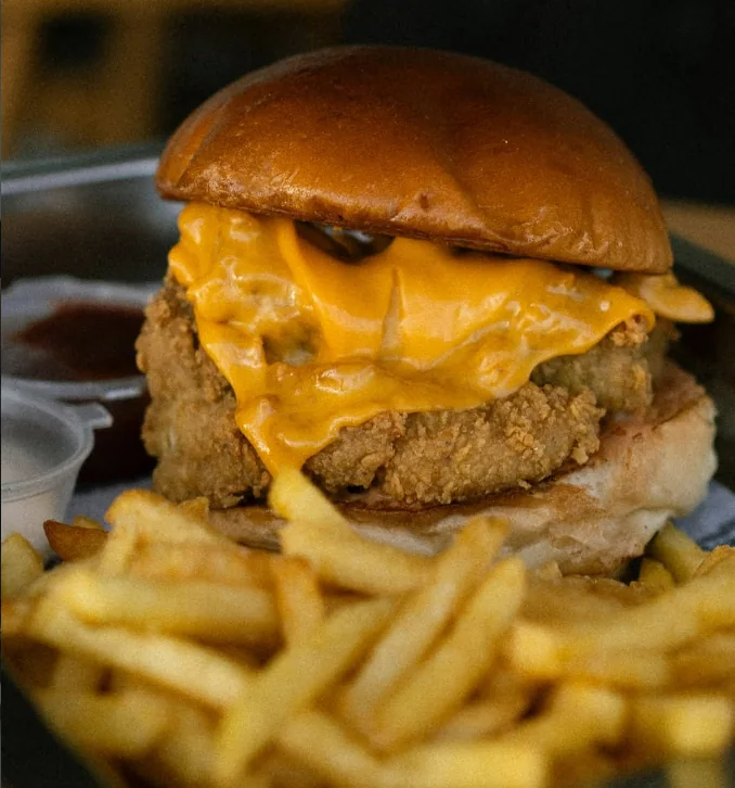 Joul tavuk burger ve patates servisinin yakın planı